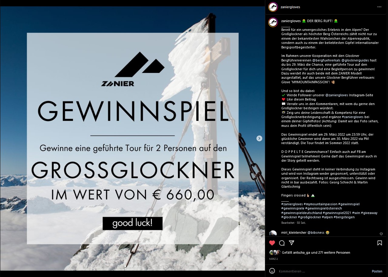 Gewinnspiel Großglockner Zanier Gloves Instagram